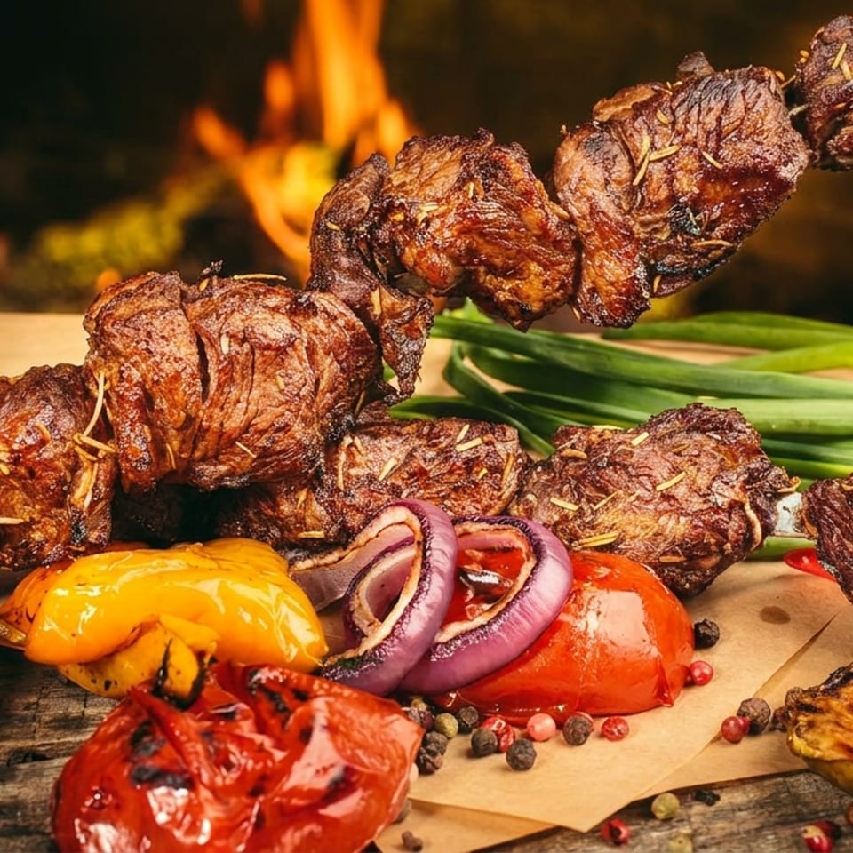 Grilled meat skewers with roasted vegetables like bell peppers, onions, and zucchini, against a fiery background.