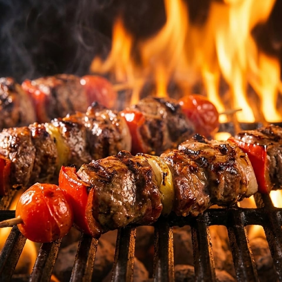 Three skewers of meat, tomatoes, and onions grilling over open flames.