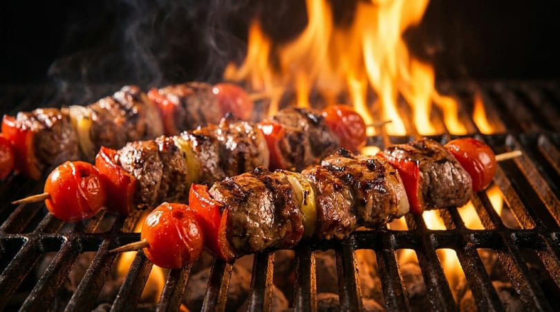 Three skewers of meat, tomatoes, and onions grilling over open flames.