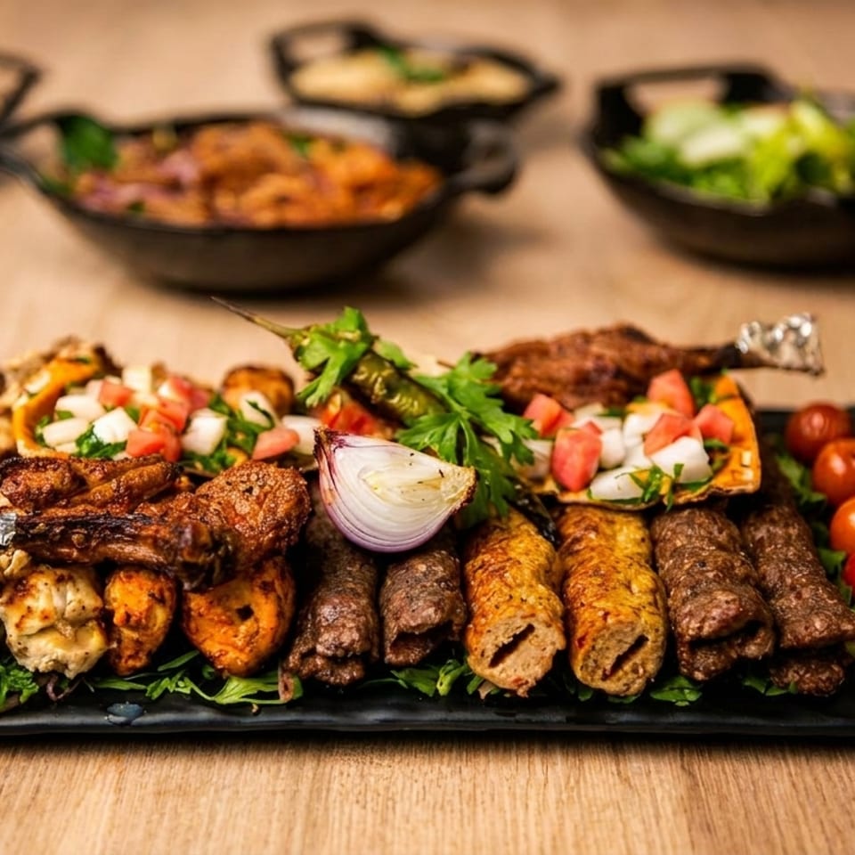 A large platter of grilled meats, vegetables, and sides on a wooden table.